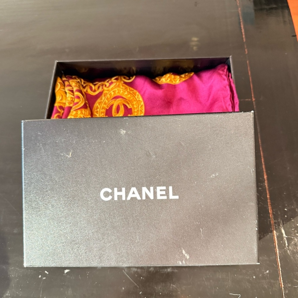 Vintage Chanel Silk Scarf in Burgundy with Gold Chain and Coin Detail - Picture 6 of 6